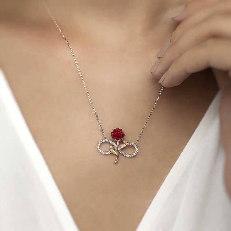 925 Ayar Gümüş Rose Sonsuz Gül Kadın Gümüş Kolye
