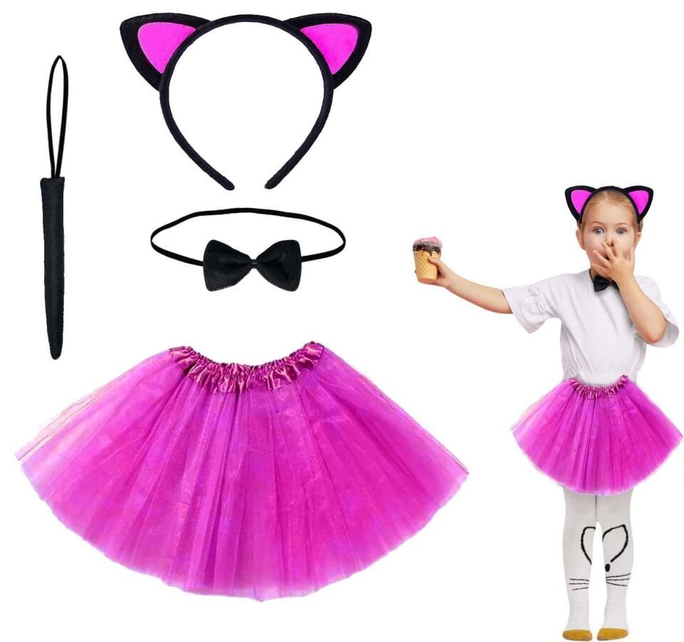 Fuşya Renk Etekli Kedi Kostüm Seti (Tütü, Taç, Papyon, Kuyruk)
