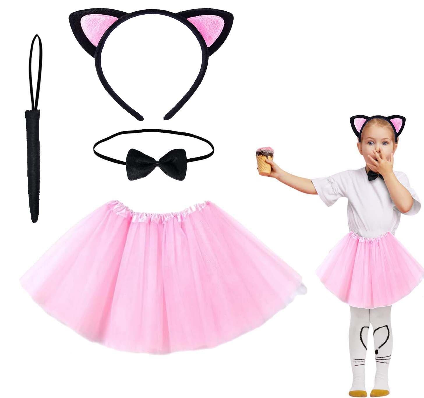 Pembe Renk Etekli Kedi Kostüm Seti (Tütü, Taç, Papyon, Kuyruk)