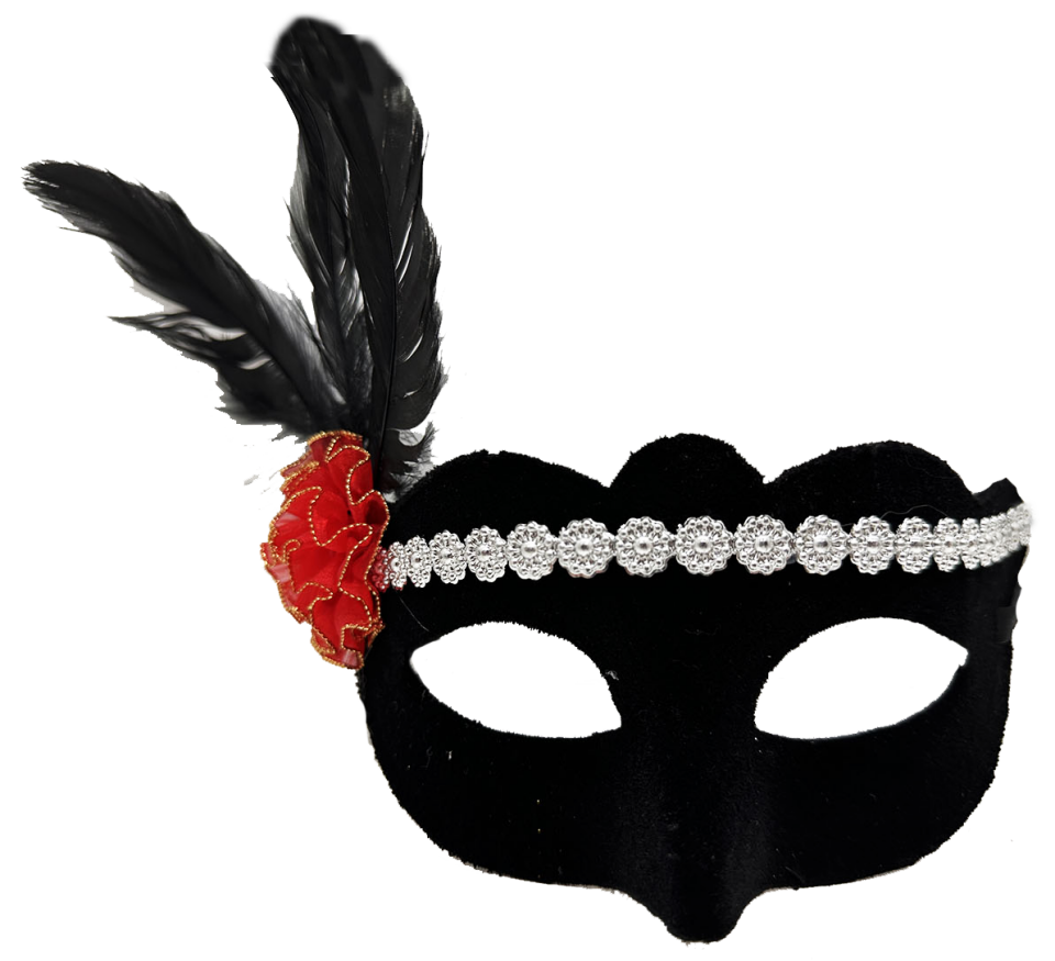 Siyah Renk Süet Kaplama Gümüş Dantelli Kırmızı Gül Tasarımlı Parti Maskesi 18x20 cm