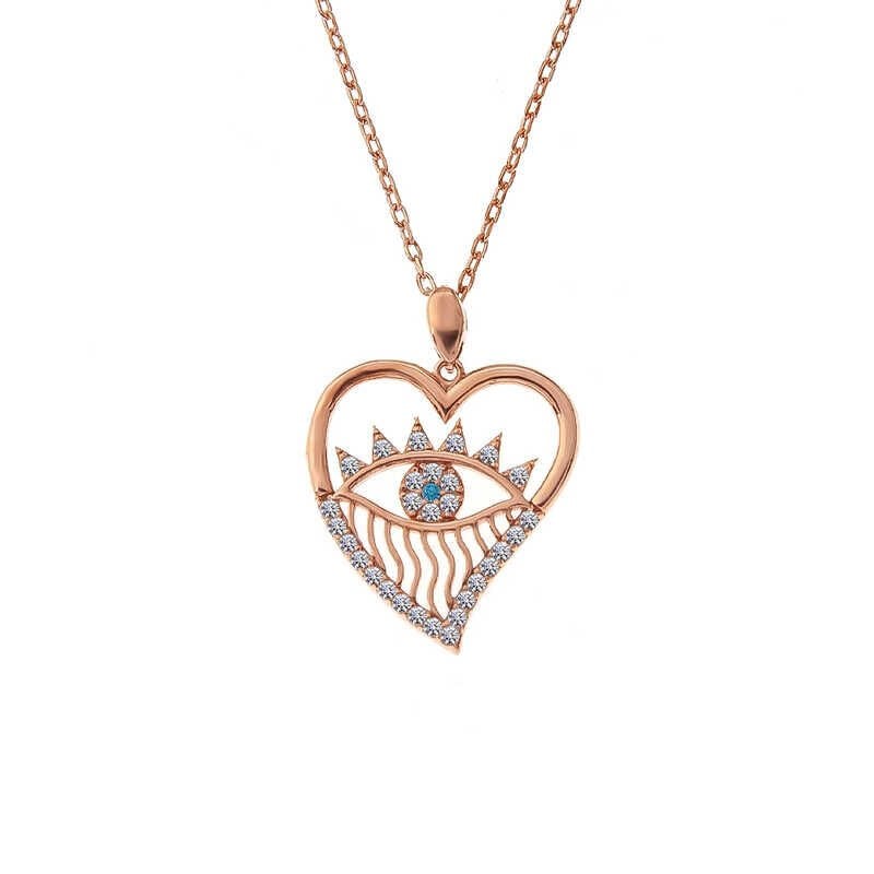 925 Ayar Gümüş Rose Kalp Göz Kadın Kolye