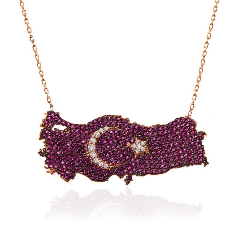 925 Ayar Gümüş Rose Ay Yıldız Türkiye Haritası Kadın Kolye