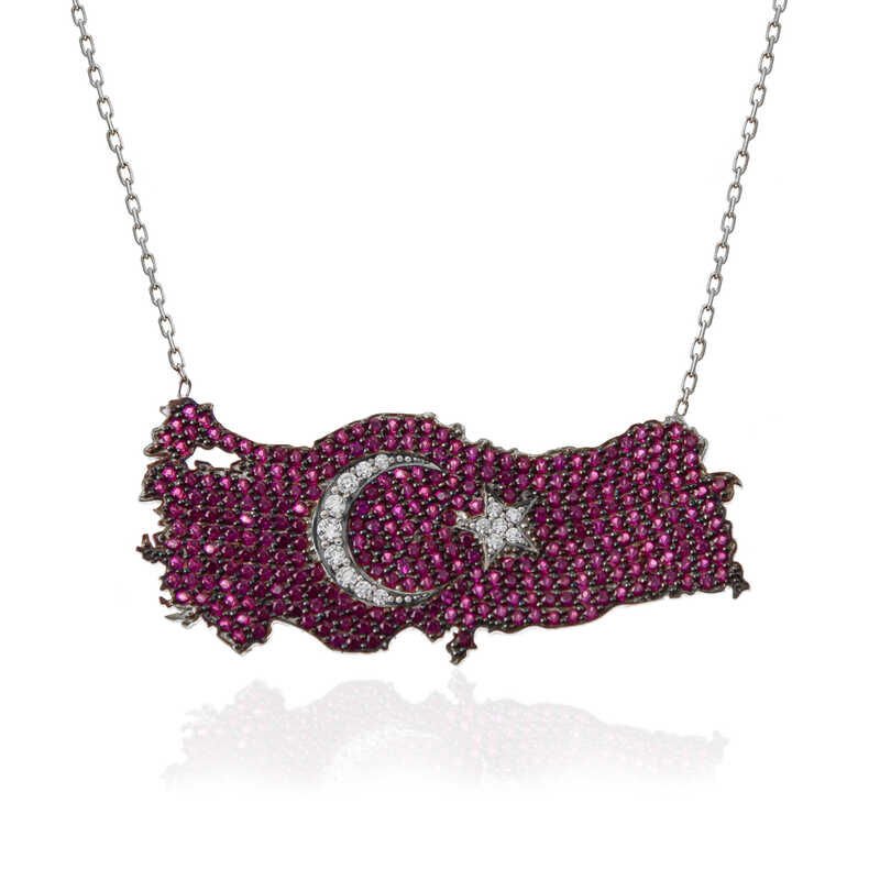 925 Ayar Gümüş Ay Yıldız Türkiye Haritası Kadın Kolye