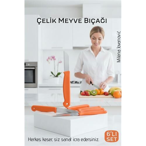 6'lı Premium Paslanmaz Çelik Meyve Bıçağı Seti - Turuncu Saplı Keskin Soyma Bıçağı Takımı