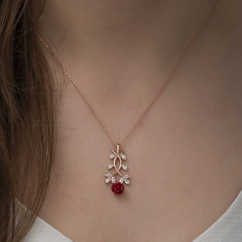 ​925 Ayar Gümüş Rose Kırmızı Gül Gümüş Kolye