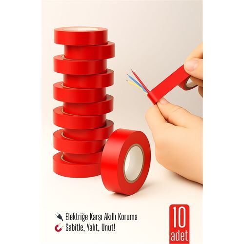 10'LU KIRMIZI Elektrik  Bandı – Yüksek Yalıtım Gücü, Kablo Sabitleme ve Elektrik Koruma İçin