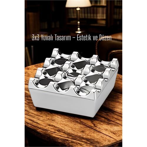 Metal Döküm Küllük – 3x3 Yuvalı, Krom , Modern ve Ağırlıklı Tasarım 7