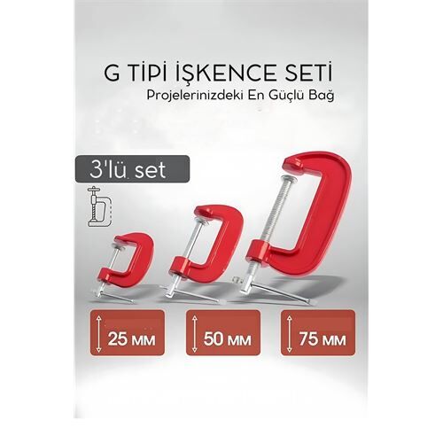 Profesyonel G Tipi İşkence Seti 3'lü: 25-50-75 mm Döküm Metal Ağaç İşleme ve Montaj Kelepçesi Takımı