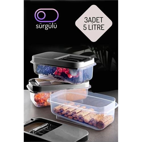 Erzak Bakliyat Saklama Kabı 3 lü Set 5 Lt Antrasit