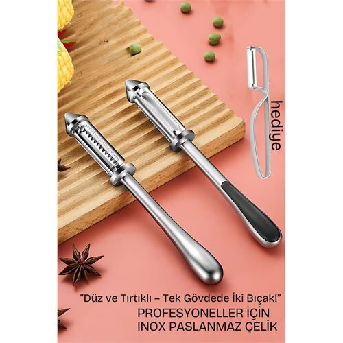 2 Bıçaklı Inox Paslanmaz Çelik Sebze Soyacak | Düz ve Tırtıklı Bıçak | Çok Amaçlı Kullanım