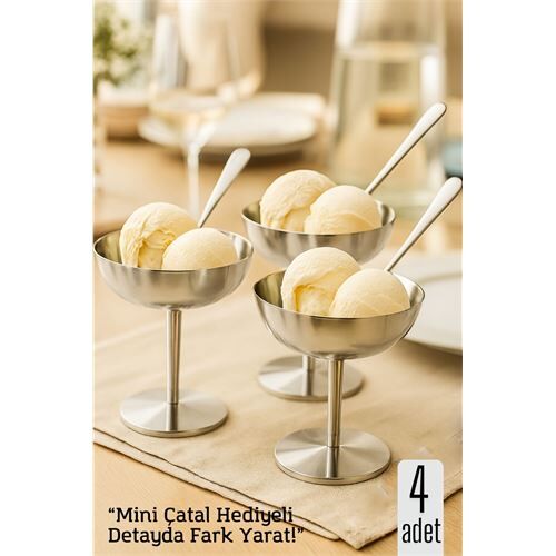 4 lü Gümüş Inox Çelik Ayaklı Dondurma ve Sunum Kasesi – Tatlı, Lokum ve Sunum Kabı