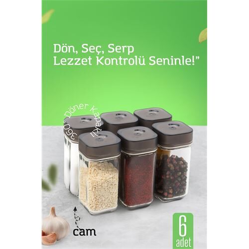Cam Tuzluk Baharatlık – 360° Döner Kapaklı | 3 Delik Tipiyle Ayarlanabilir Akış  6 ADET