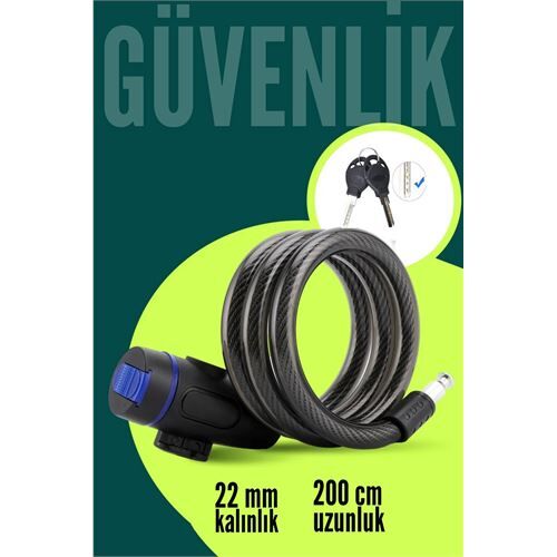 22mm Çelik Halatlı Bisiklet Kilidi - 200cm Anahtarlı Scoooter Motosiklet Kilidi