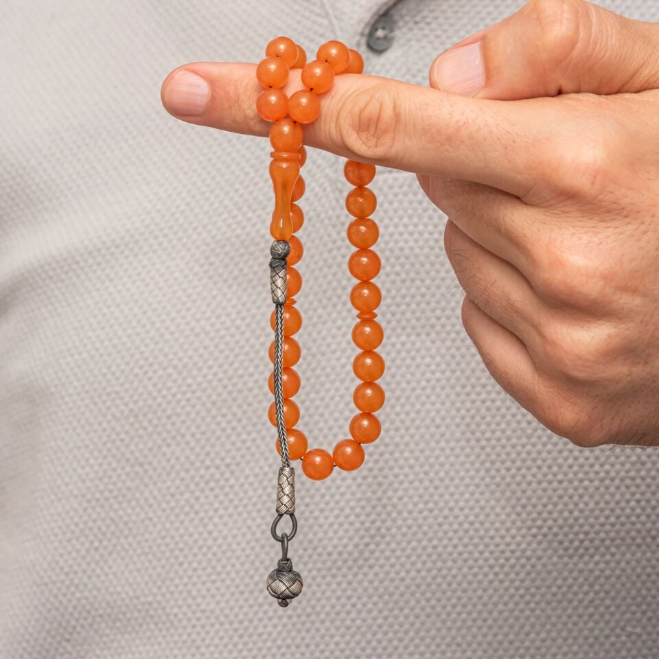 Gümüş Top Kazaz Püsküllü Turuncu Sıkma Kehribar Tesbih