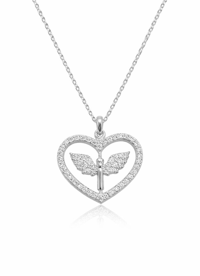Gümüş Mikail Meleği Figürlü Kalp Kadın Kolye