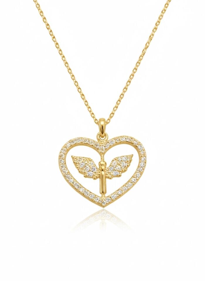 Gümüş Gold Mikail Meleği Figürlü Kalp Kadın Kolye