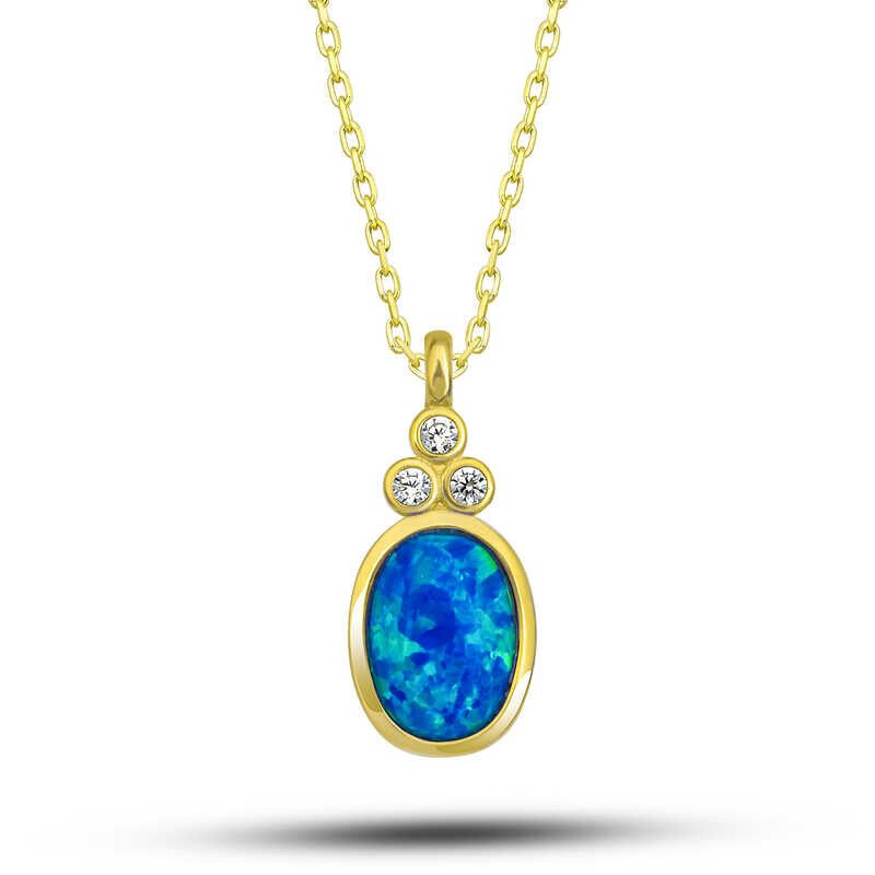 925 Ayar Gümüş Gold Mavi Opal Taşlı Ananas Kadın Kolye