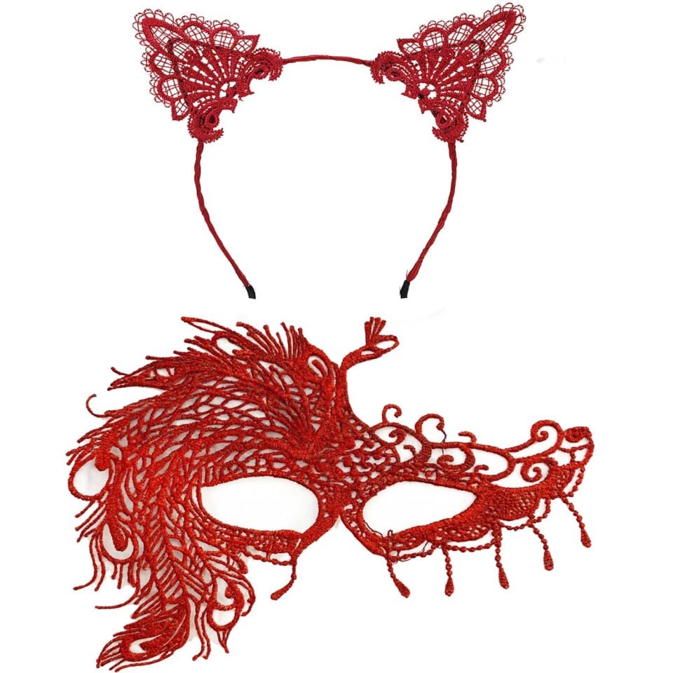 Alevin Zarafeti Kırmızı Dantel Maske ve Taç Seti 4 No – Kadın Kostüm Tamamlayıcı