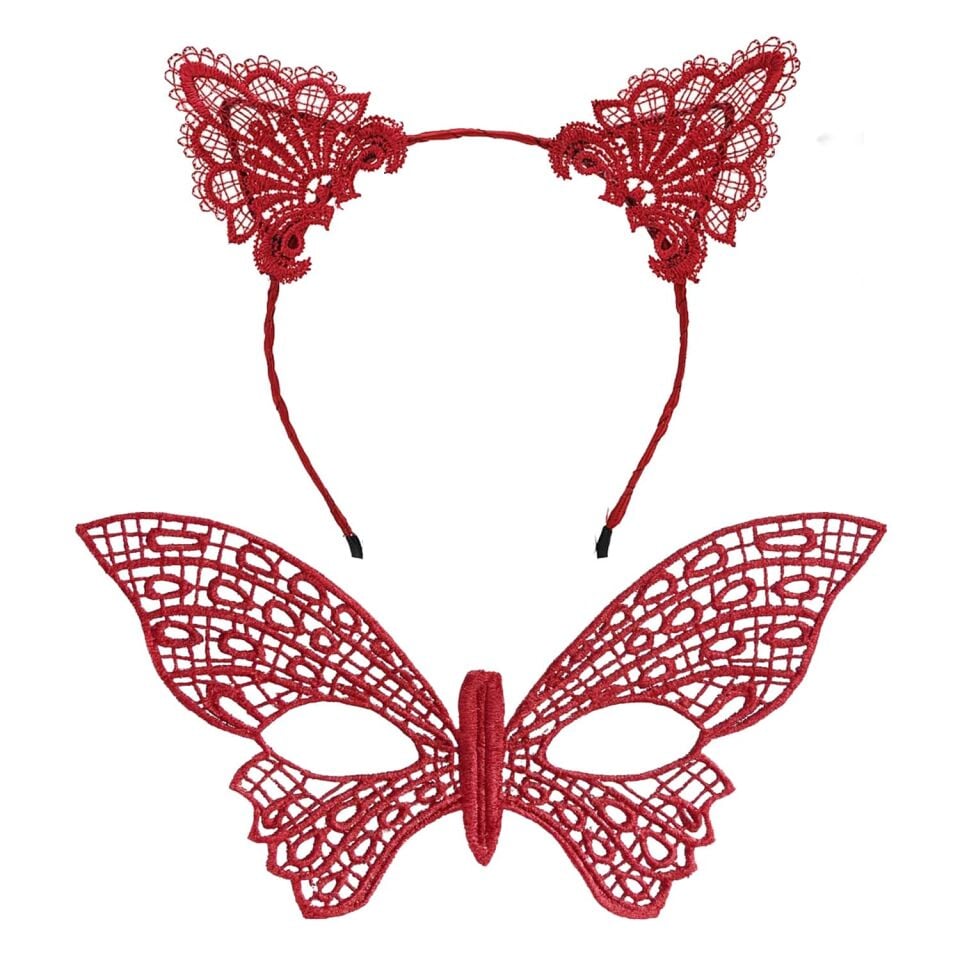 Gösterişli Kırmızı Dantel Maske ve Taç Seti 7 No