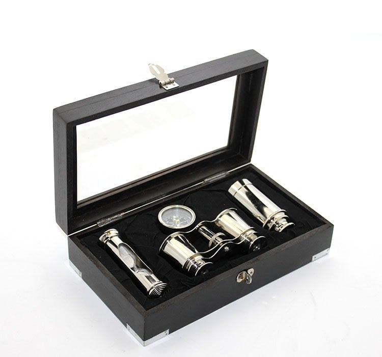 Ahşap Kutulu Pirinç Dürbün Pusula Ve Kumsaati Seti