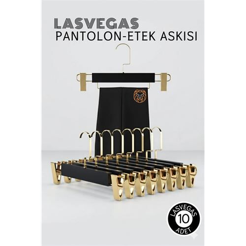 LasVegas  Siyah Ahşap Pantolon ve Etek Askı Seti 10'lu Set, Lüks Amerikan Kancalı