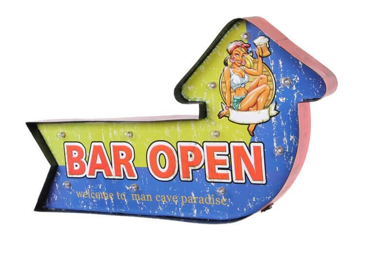 Bar Open Temalı Ledli Bar Tabelası Pano Vintage Led Ampülü