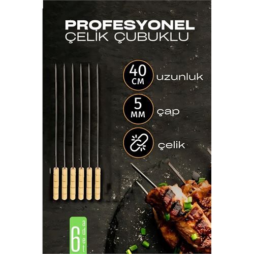 Çelik Şiş Çubuğu - Mangal Şişi Ahşap Saplı Kebap Şişi  6 Adet