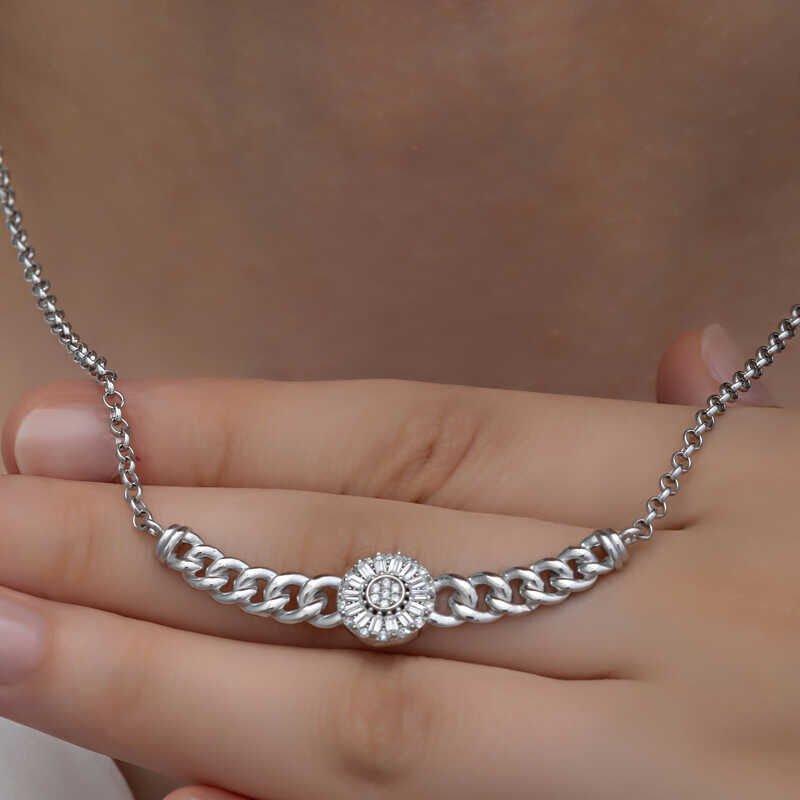 Gümüş Gurmet Zincirli Yuvarlak Baget Taşlı Kadın Kolye