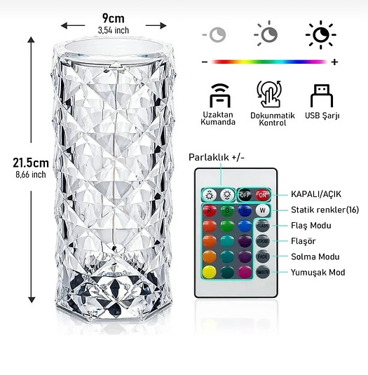 Kristal Elmas Led Dokunmatik Şarjlı Kumandalı Masa Lambası RGB