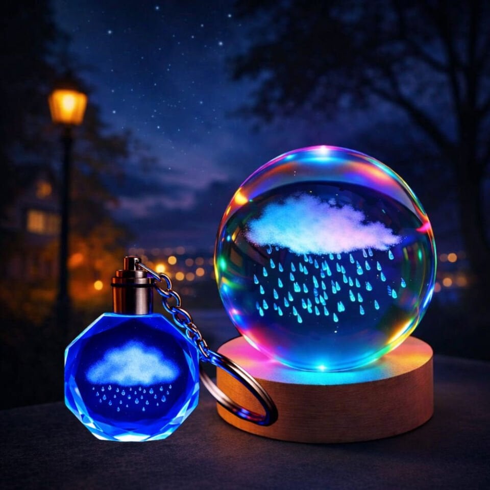 Renk Değiştiren Yağmur Bulutu Tasarımlı Cam Küre Anahtarlık