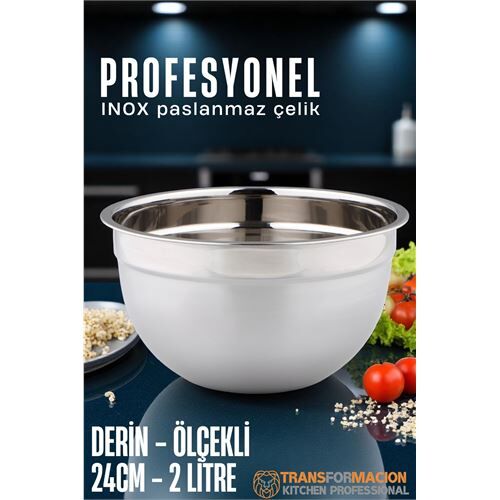 Inox Ölçekli Derin Kase  - 24 Cm 2 Litre Karıştırma Kabı Profesyonel 304 Paslanmaz Çelik