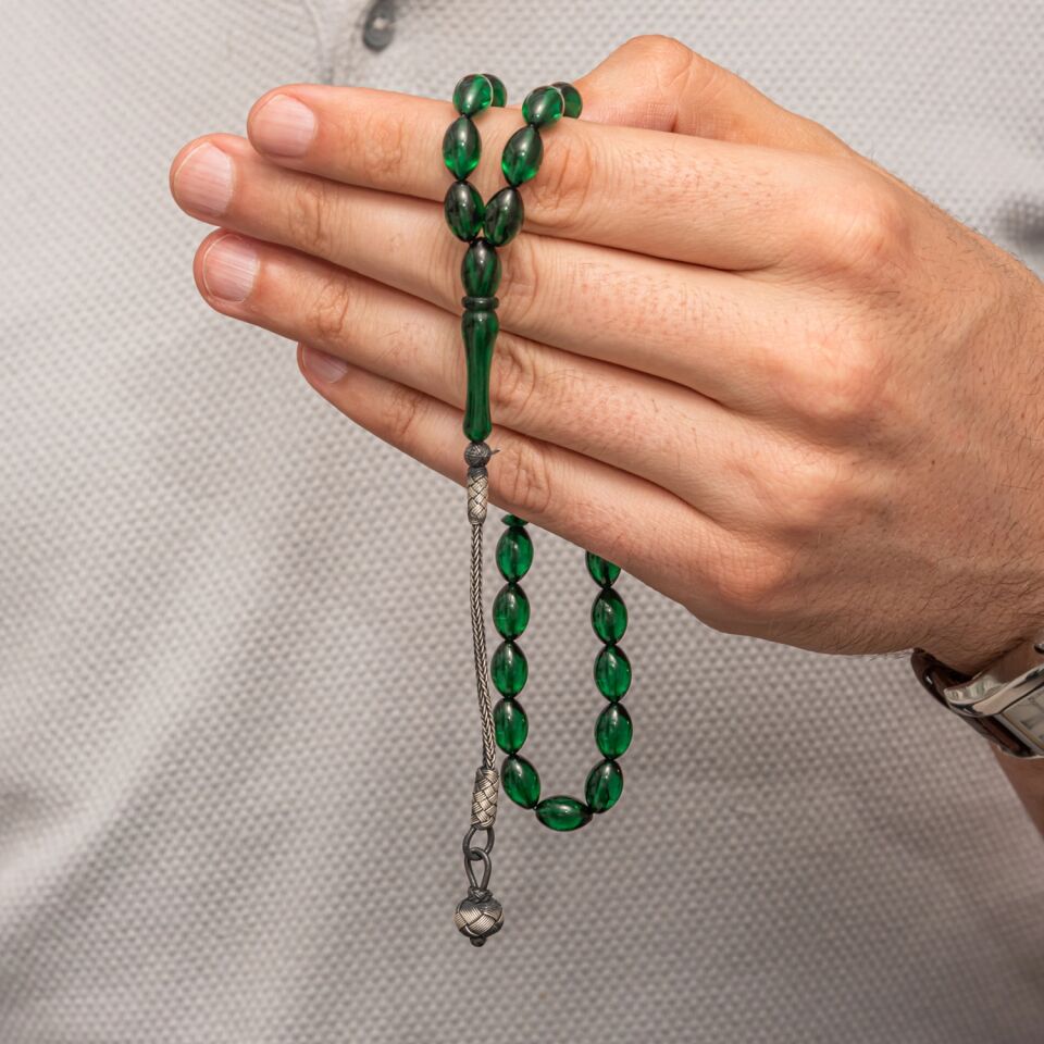 Gümüş Yeşil Kazaz Püsküllü Sıkma Kehribar Tesbih