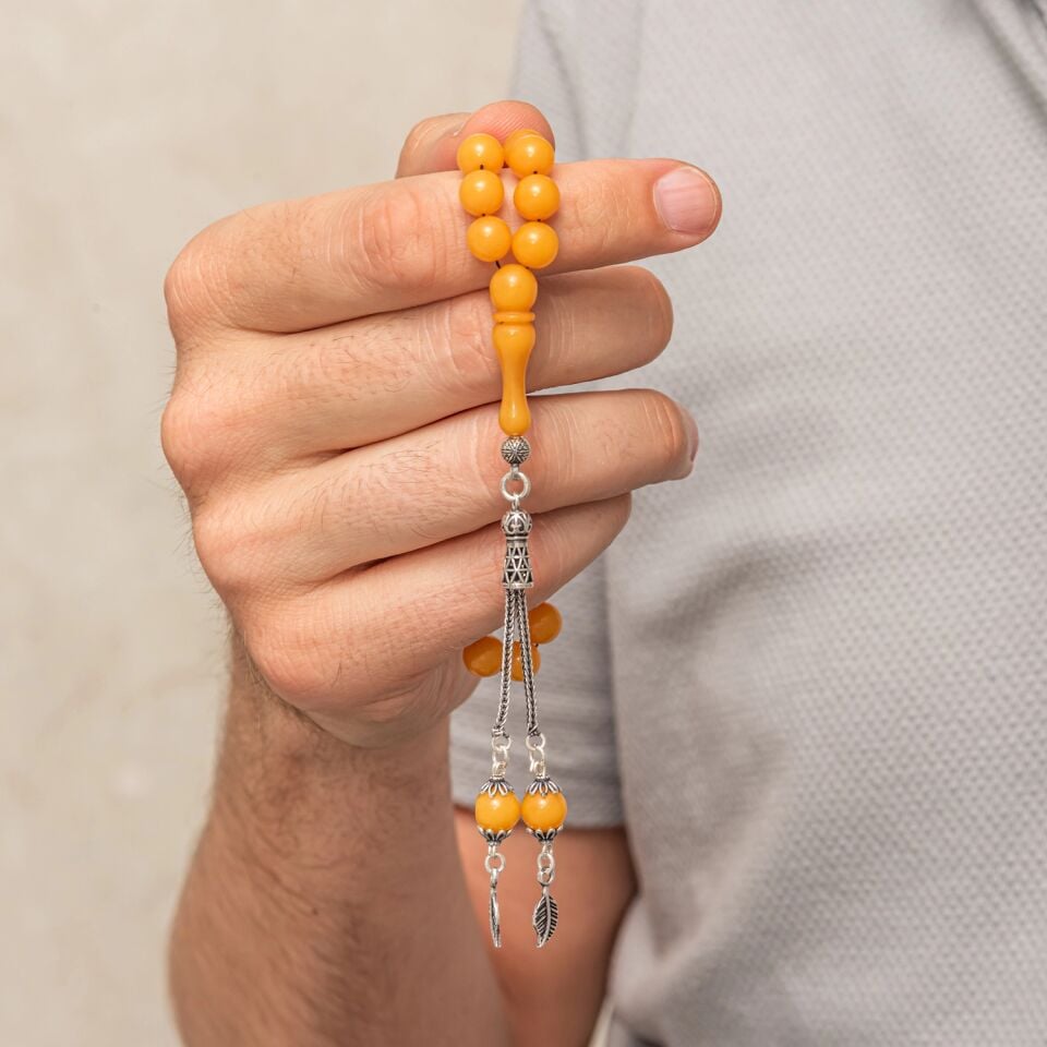 Gümüş Püsküllü Sarı Yuvarlak Sıkma Kehribar Tesbih