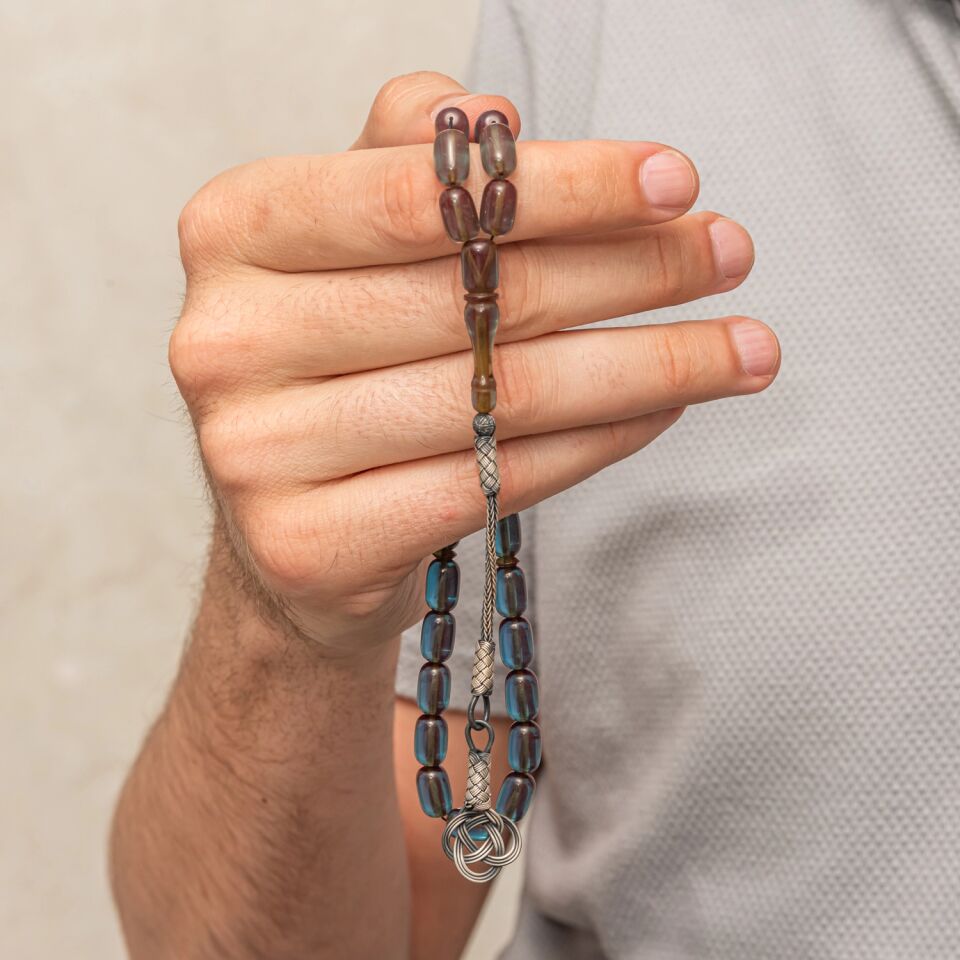 Gümüş Kazaz Püsküllü Kapsül Kesim Mavi Sıkma Kehribar Tesbih