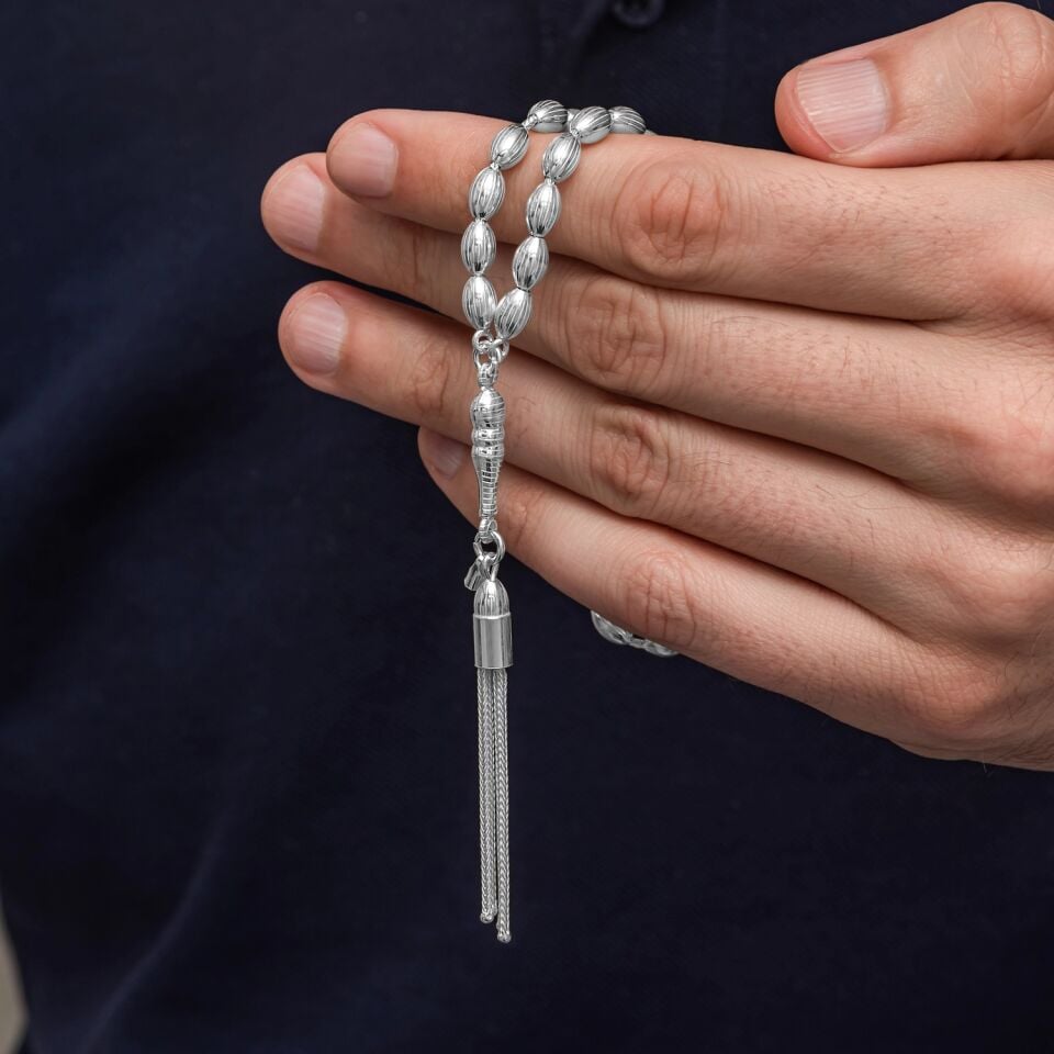 Gümüş Arpa Kesim Çizgili Erkek Tesbih