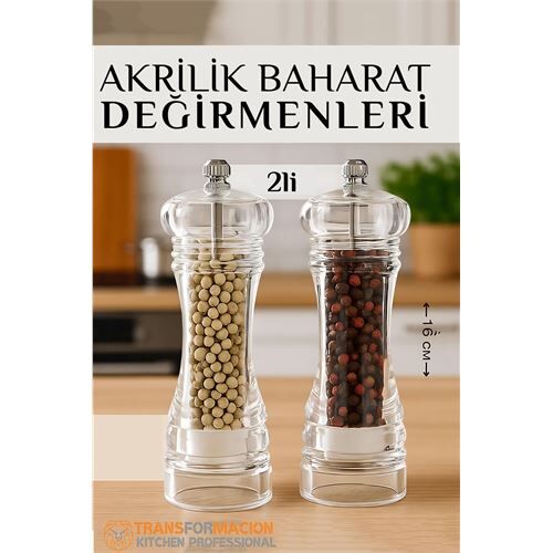 Baharat Öğütücü - Baharat Karabiber Tuz Değirmeni Ahşap Akrilik Kristal 2 li SET