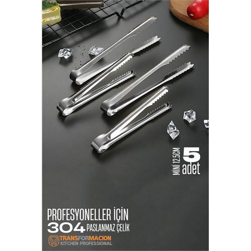 Mini 12.5 cm Buz Maşası - Şeker Limon Maşası Kokteyl Servis Maşası 5 li PAKET 304 Paslanmaz Çelik