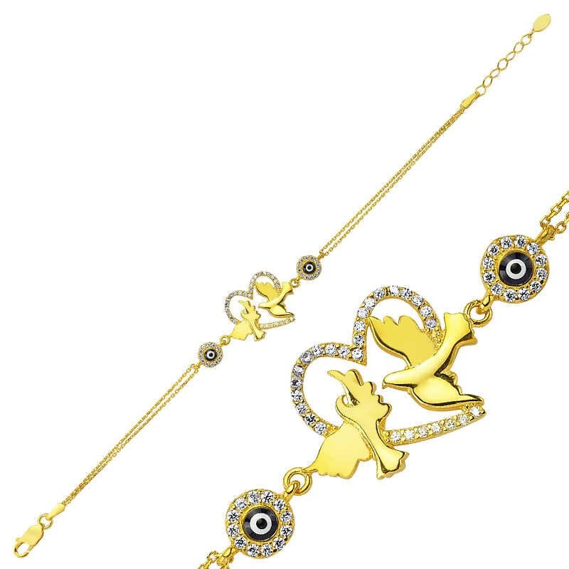 925 Ayar Gümüş Gold Kalpli Güvercin Bileklik