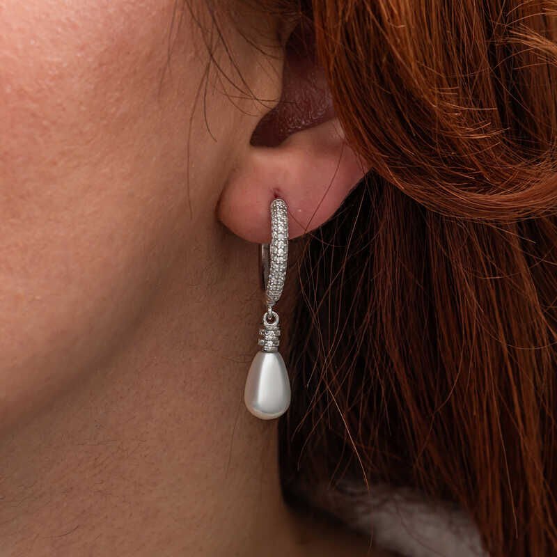 Gümüş Zirkon Taşlı Sallantılı Damla İnci Küpe