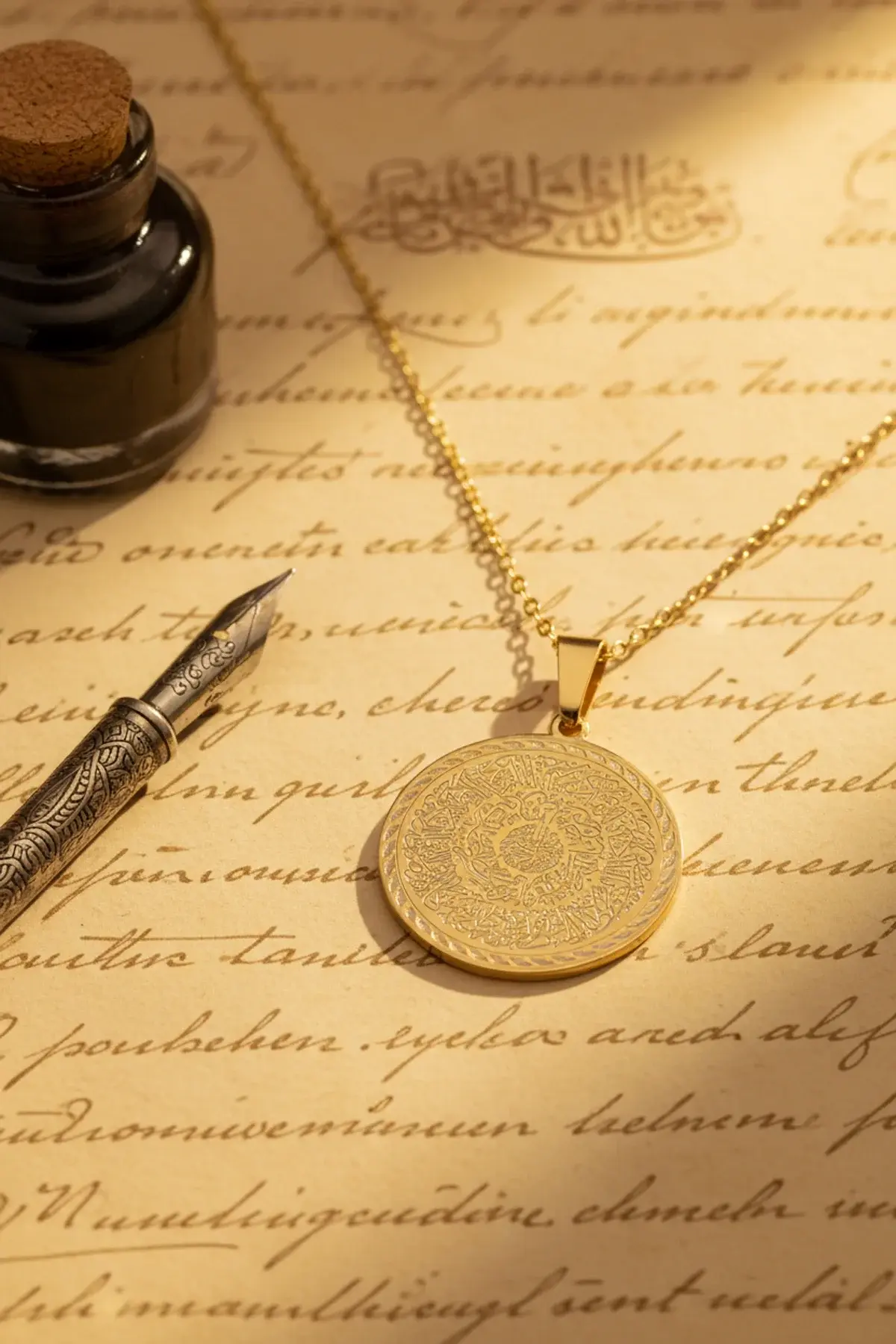 Altın Renk Hilye-i Şerif Yazılı Paslanmaz Kararmaz Çelik Kolye Çelik Zincir (unisex)