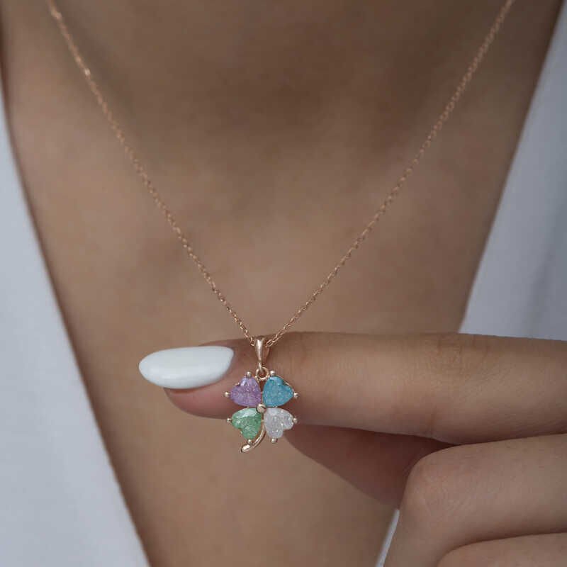 925 Ayar Gümüş Rose Renkli Taşlı Yonca Kadın Gümüş Kolye
