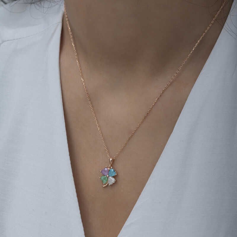 925 Ayar Gümüş Rose Renkli Taşlı Yonca Kadın Gümüş Kolye