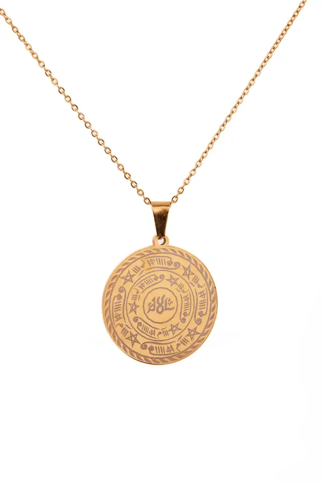 Celcelütiye Ve İsm-i Azam Vefk Yazılı Çelik Kolye Altın Renk Paslanmaz Zincir (unisex)