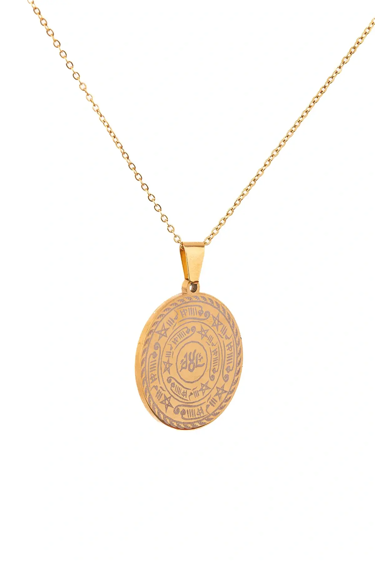 Celcelütiye Ve İsm-i Azam Vefk Yazılı Çelik Kolye Altın Renk Paslanmaz Zincir (unisex)