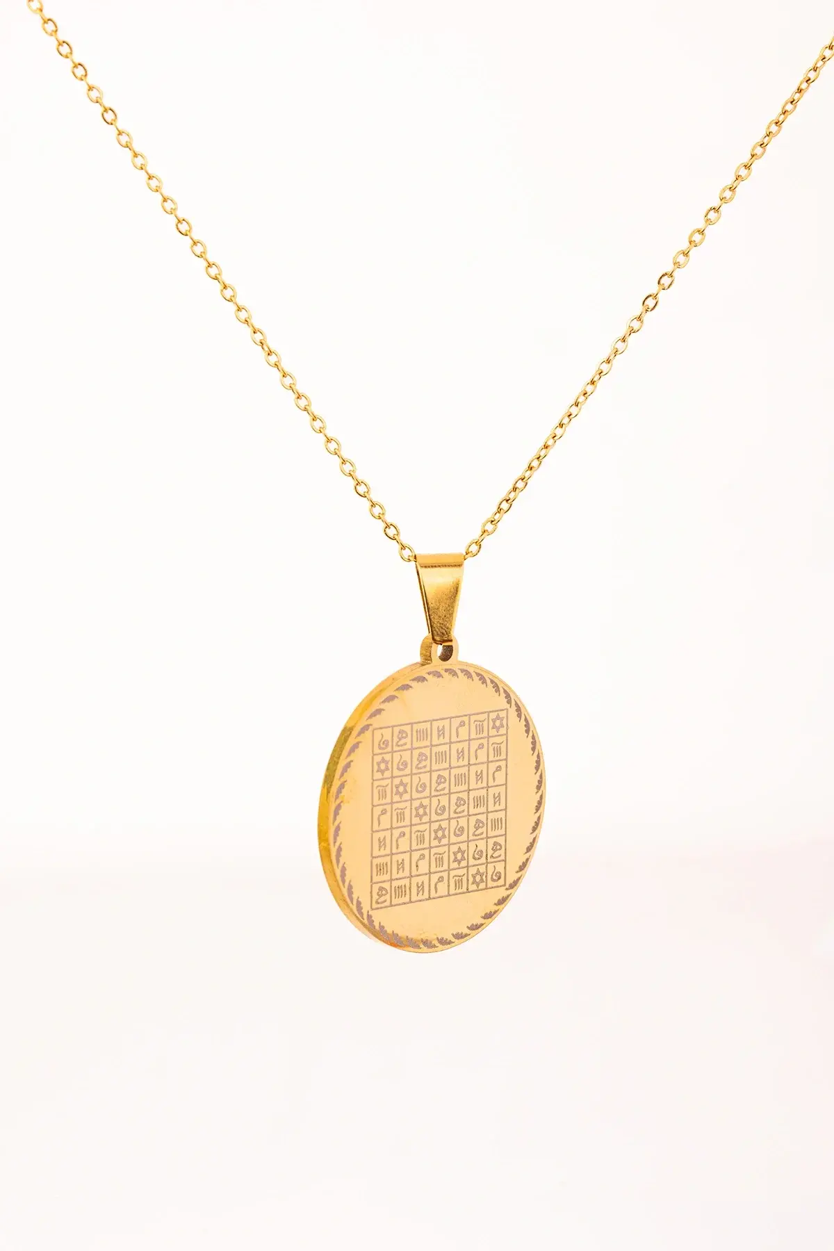 Celcelütiye Ve İsm-i Azam Vefk Yazılı Çelik Kolye Altın Renk Paslanmaz Zincir (unisex)