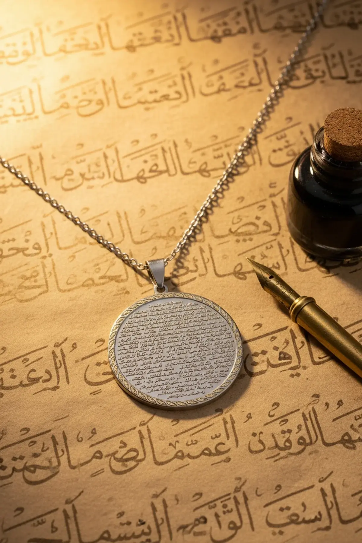 Gümüş Renk Vakıa Suresi Yazılı Çelik Kolye Kararmaz Paslanmaz Zincirli Unisex Kolye