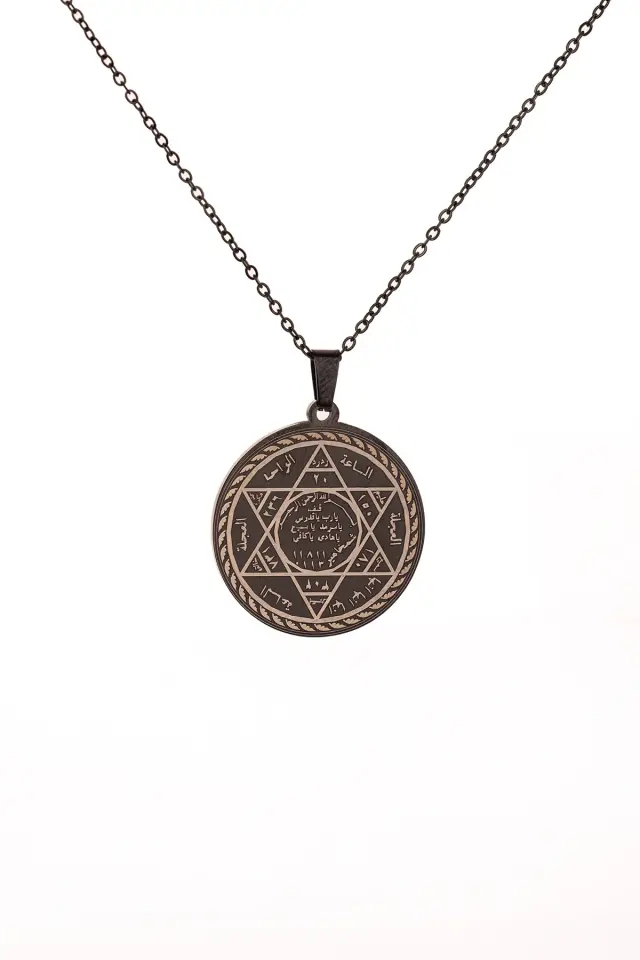 Süleyman Mührü Ve Cin Mektubu Yazılı Çelik Kolye Kararmaz Paslanmaz Çelik Zincirli Unisex Kolye