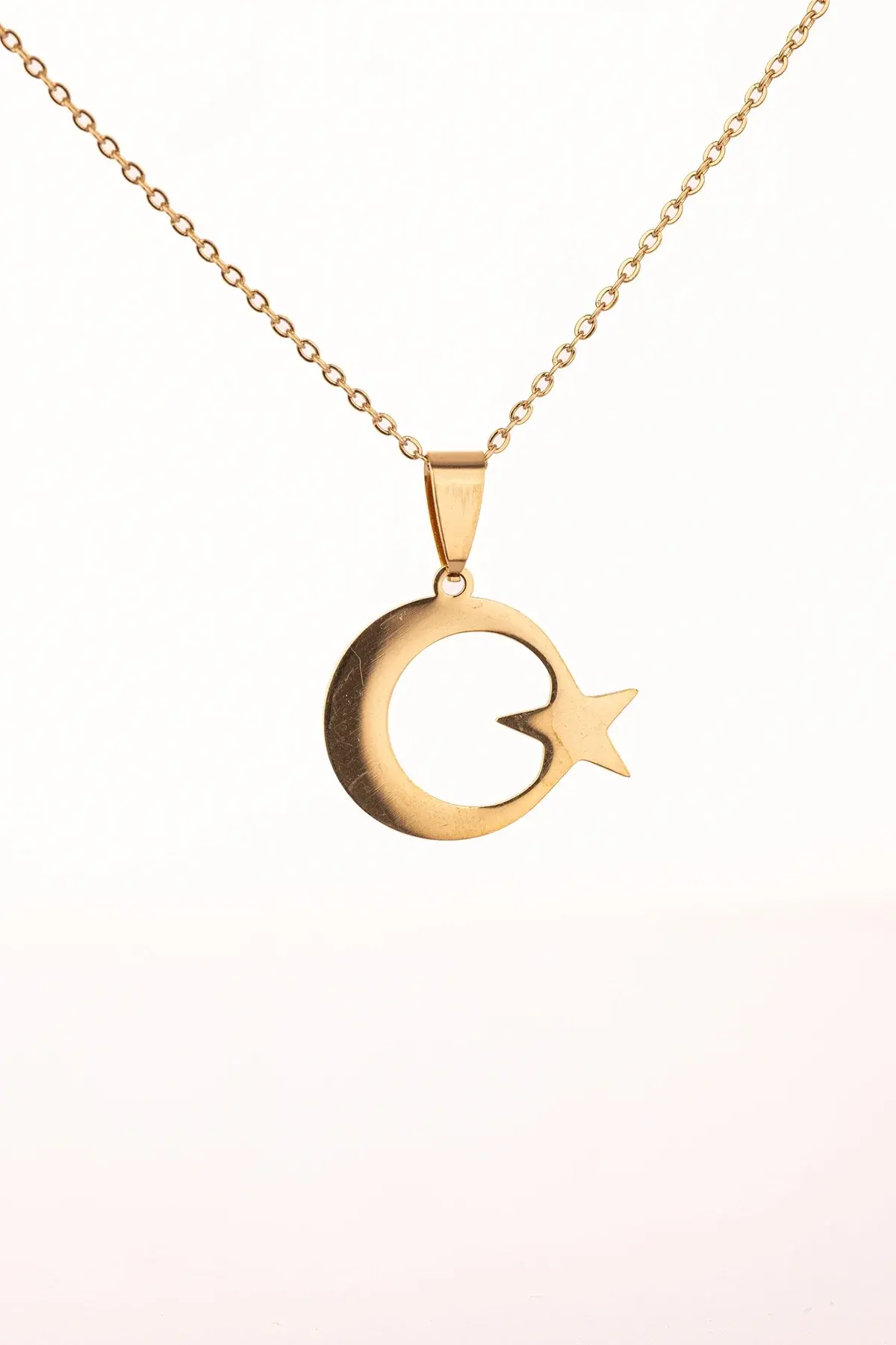 Altın Renk Ay Yıldız Çelik Kolye Kararmaz Paslanmaz Çelik Anlamlı Ve Şık (unisex)