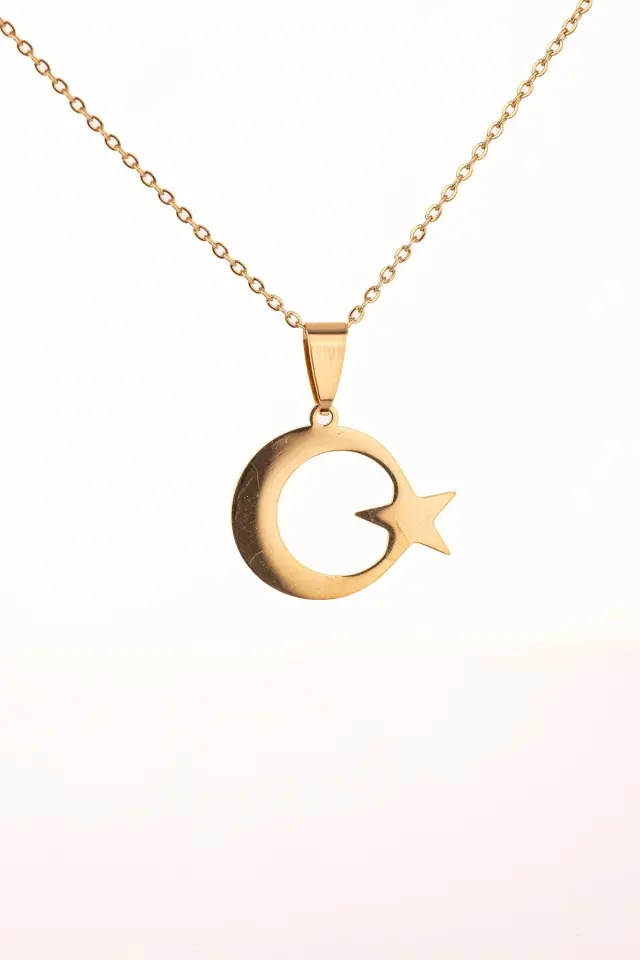 Altın Renk Ay Yıldız Çelik Kolye Kararmaz Paslanmaz Çelik Anlamlı Ve Şık (unisex)