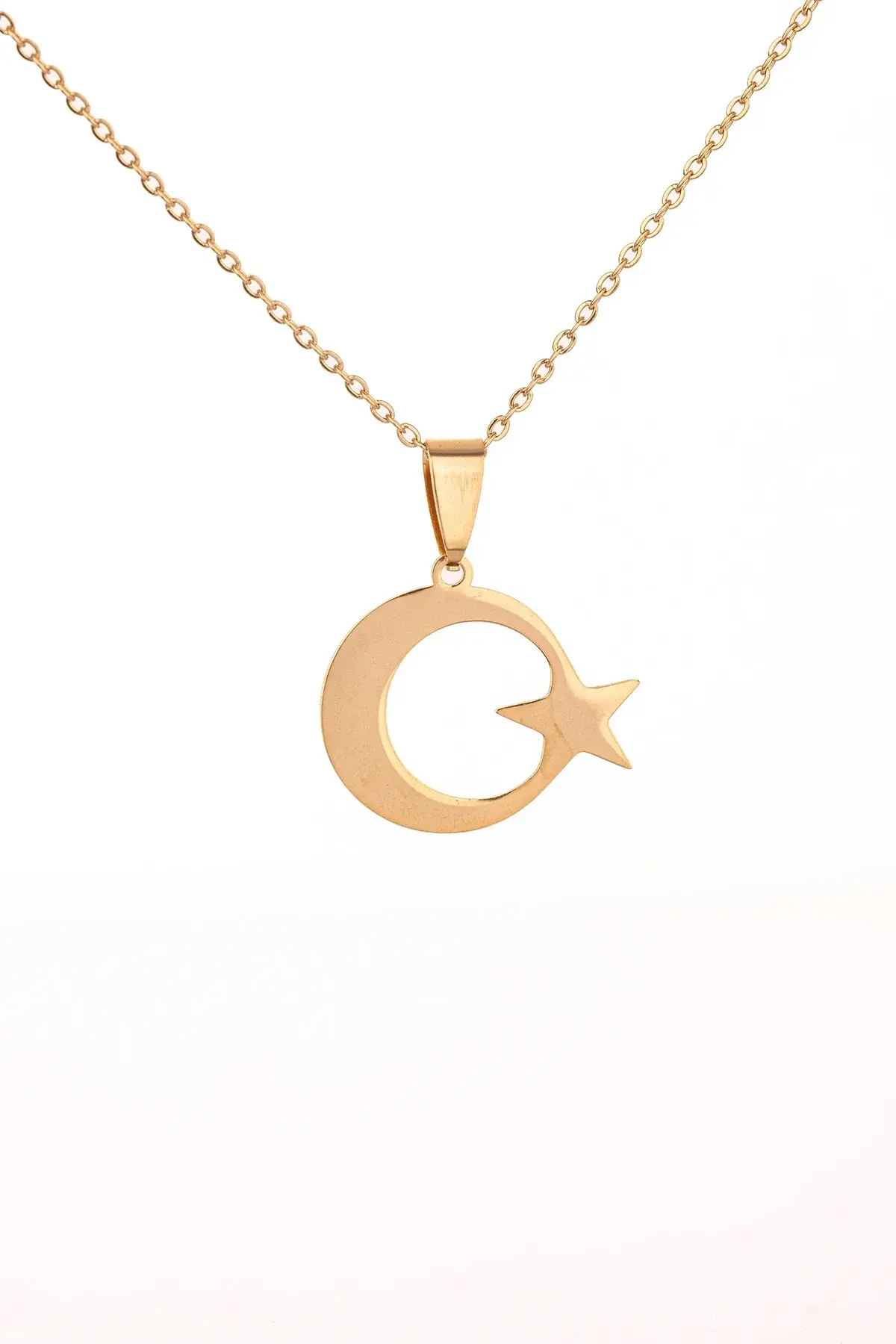Altın Renk Ay Yıldız Çelik Kolye Kararmaz Paslanmaz Çelik Anlamlı Ve Şık (unisex)